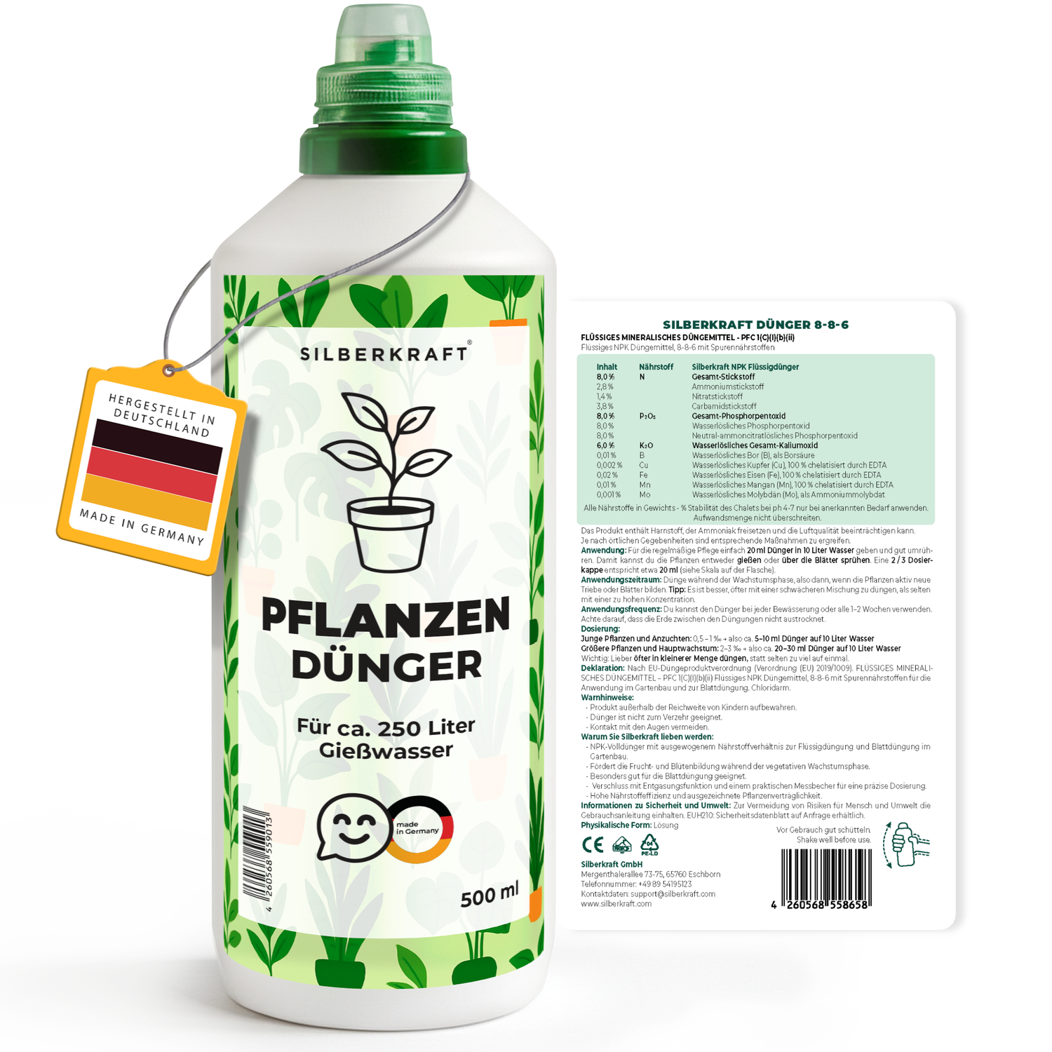 Pflanzendünger – Mineralischer NPK Flüssigdünger mit Stickstoff – Dünger für Zimmer- & Gartenpflanzen – Allzweck-Pflanzendünger - Silberkraft