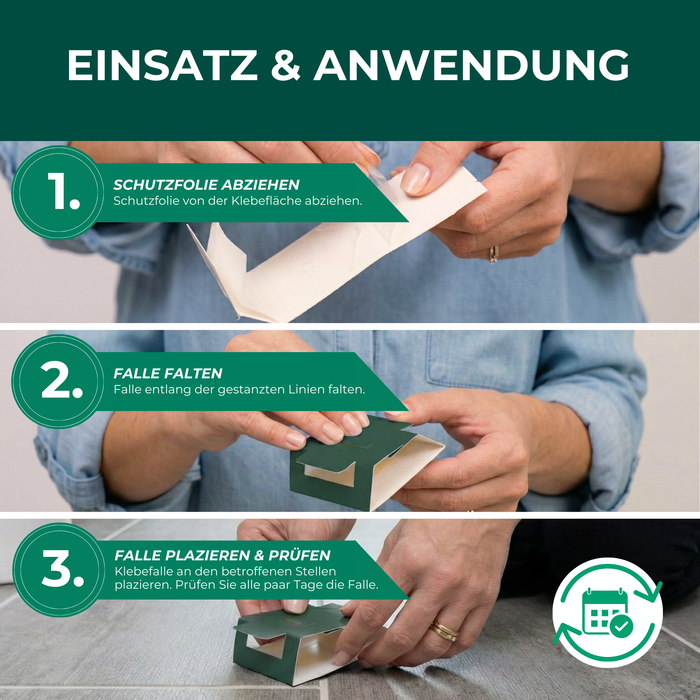 Anwendung der Teppichkäferfalle – Schutzfolie abziehen, Falle falten und an betroffenen Stellen platzieren