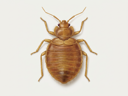 Schwalbenwanze (Oeciacus hirundinis) von oben: kleine, flach-ovale, behaarte braune Wanze