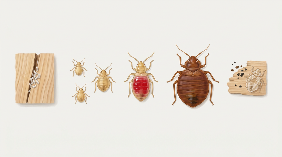 Entwicklung der Bettwanze: weiße Eier in einer Holzritze, helle Larven in verschiedenen Größen, eine rot vollgesogene Larve und eine erwachsene, flach-ovale rotbraune Bettwanze