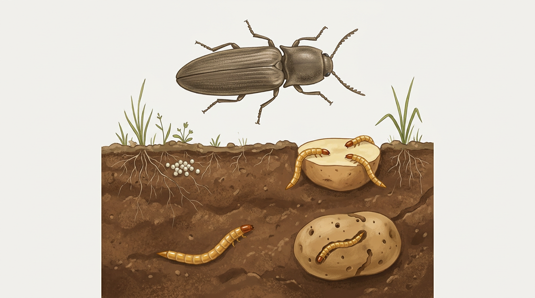 Schnellkäfer auf dem Boden, darunter im Erdreich gelbbraune Drahtwürmer, eine angefressene Kartoffel mit Löchern, eine halbierte Köderkartoffel mit Larven und kleine weiße Eier zwischen Graswurzeln