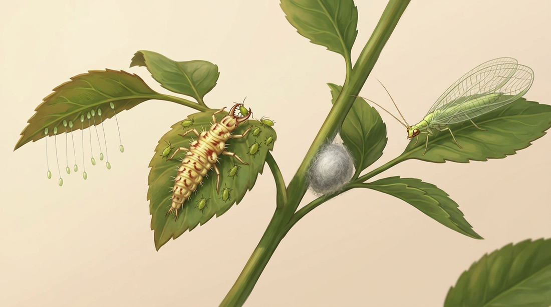 Entwicklung der Gemeinen Florfliege: gestielte Eier unter einem Blatt, Florfliegenlarve beim Aussaugen einer Blattlaus, weißer Kokon am Stängel und erwachsene grüne Florfliege mit durchsichtigen Netzflügeln
