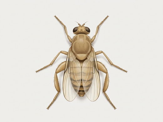 Buckelfliege (Phoridae) mit buckligem Brustteil und dunklen Augen, von oben