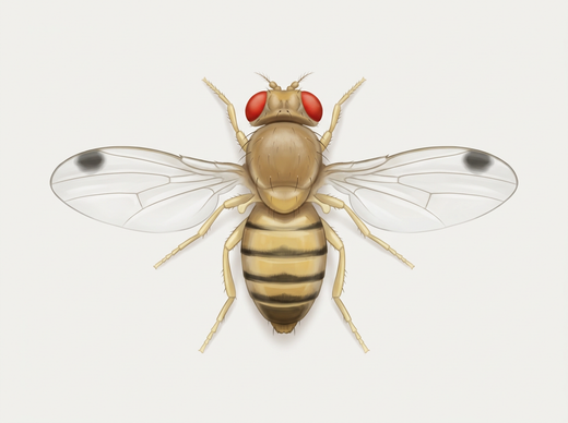 Kirschessigfliege (Drosophila suzukii), Männchen mit dunklem Fleck auf jedem Flügel, von oben