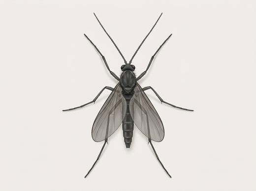 Trauermücke (Sciaridae), schlanke schwarze Mücke mit langen Fühlern, von oben