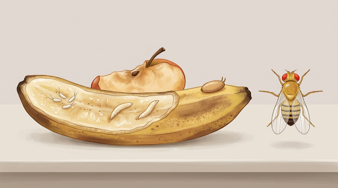 Entwicklung der Fruchtfliege an überreifer Banane: Eier mit zwei Fortsätzen, weiße Larven im Fruchtfleisch, bräunliche Puppe und erwachsene Fliege mit roten Augen