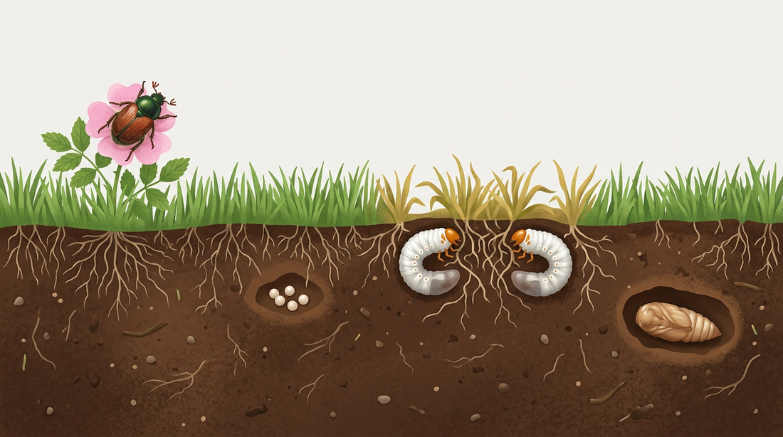 Entwicklung des Gartenlaubkäfers: Käfer mit grünem Halsschild und rotbraunen Flügeldecken auf einer Wildrosenblüte, Eier im Boden, C-förmige Engerlinge an den Graswurzeln und Puppe in einer Erdhöhle