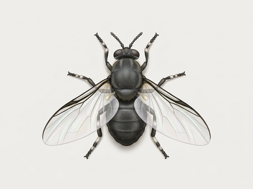 Kriebelmücke (Simuliidae) von oben, gedrungen und dunkel mit kurzen Perlschnur-Fühlern und breiten, klaren Flügeln