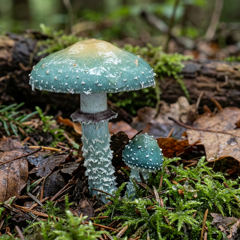 Grüner Träuschling (Stropharia aeruginosa), KI-Illustration