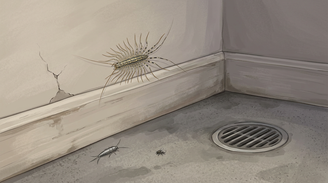 Spinnenläufer mit langen, geringelten Beinen läuft nachts an einer Kellerwand über einer Fußleiste, darunter ein Silberfischchen und eine kleine Fliege als Beute