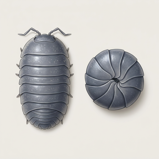 Rollassel (Armadillidium vulgare) von oben, daneben ein zur Kugel eingerolltes Tier