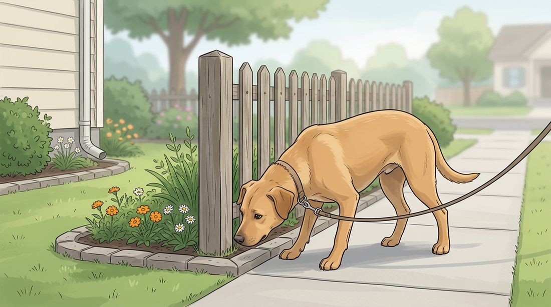 Hund an der Leine schnüffelt am Pfosten eines Gartenzauns neben einem Blumenbeet und einer Hausecke