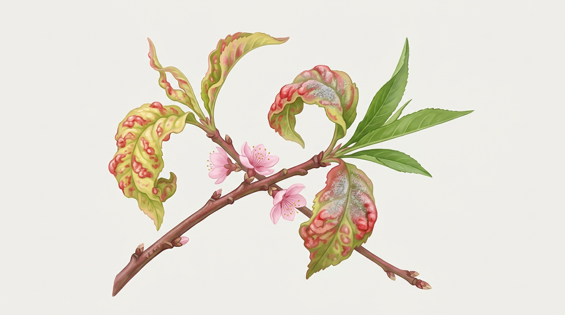 Pfirsichzweig mit blasig aufgewölbten, rot und gelblich verfärbten Blättern der Kräuselkrankheit, teils mit weißlichem Belag, daneben gesunde grüne Blätter und rosa Blüten