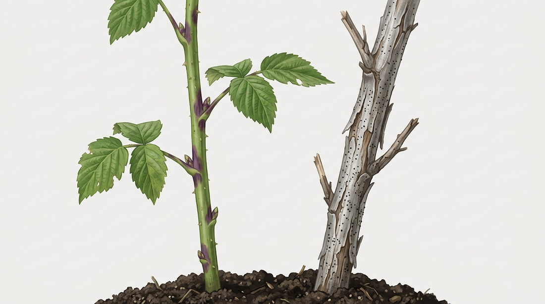 Junge grüne Himbeerrute mit violettbraunen Flecken an Knospen und Blattansätzen, daneben eine ältere Rute mit silbrig-grauer, aufgerissener Rinde und kleinen schwarzen Punkten