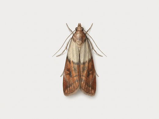 Dörrobstmotte (Plodia interpunctella), eine Lebensmittelmotte, Falter von oben