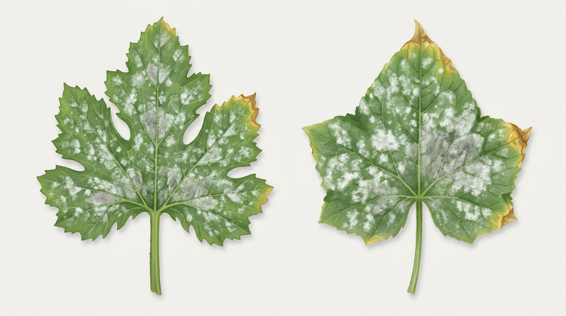 Zucchini- und Gurkenblatt mit weißem, mehligem Belag des Echten Mehltaus auf der Blattoberseite, an den Rändern beginnend vergilbt