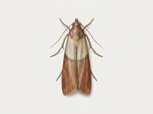 Dörrobstmotte (Plodia interpunctella) mit zweifarbigen Vorderflügeln, von oben