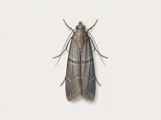 Kakaomotte (Ephestia elutella) mit graubraunen Vorderflügeln, von oben