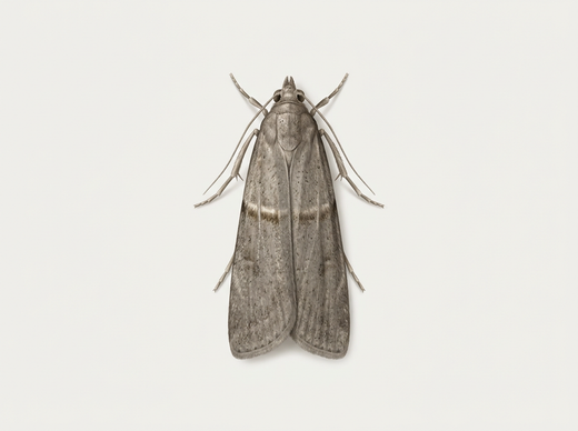 Tropische Speichermotte (Ephestia cautella) mit graubraunen Vorderflügeln, von oben