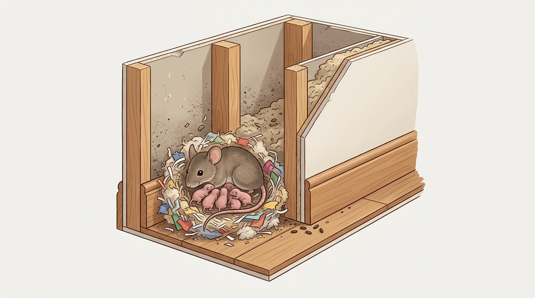 Querschnitt einer Wand: Hausmaus mit nackten Jungtieren in einem Nest aus Papier- und Dämmresten hinter der Fußleiste, davor Mäusekot auf dem Boden