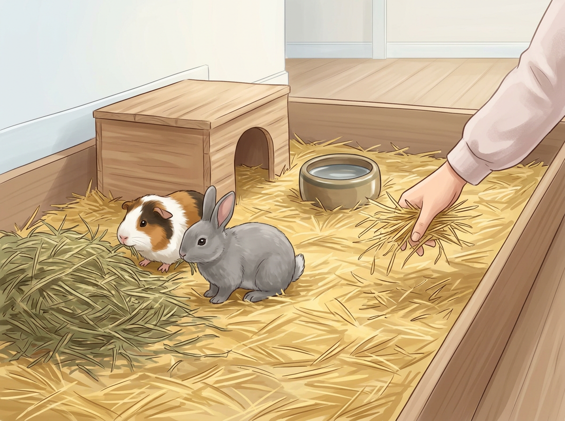 Illustration: Ein dreifarbiges Meerschweinchen und ein graues Zwergkaninchen fressen Heu in einem sauberen Gehege, eine Hand streut frisches Stroh ein