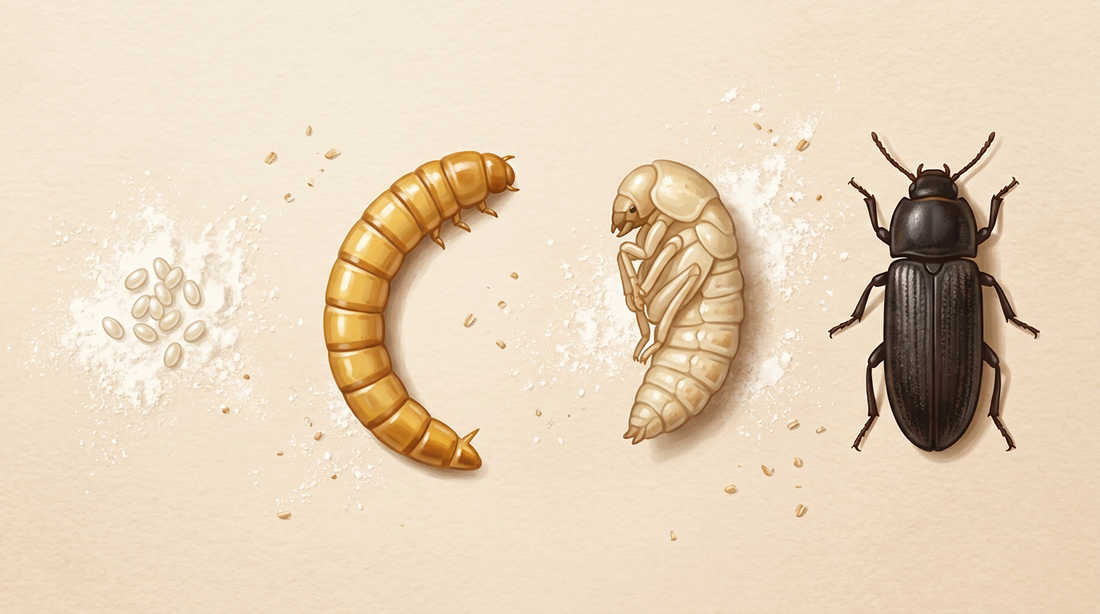 Entwicklung eines Schwarzkäfers am Beispiel des Mehlkäfers: weiße Eier, gelbbraune Larve (Mehlwurm), helle Puppe und dunkelbrauner Käfer auf Mehl