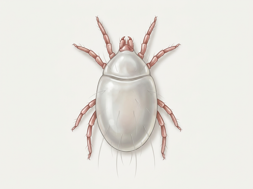 Mehlmilbe (Acarus siro) von oben, weißlich grau mit rötlichen Beinen