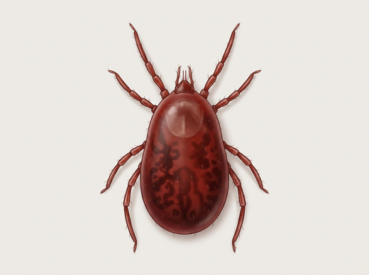 Rote Vogelmilbe (Dermanyssus gallinae) von oben, rot vollgesogen mit acht Beinen