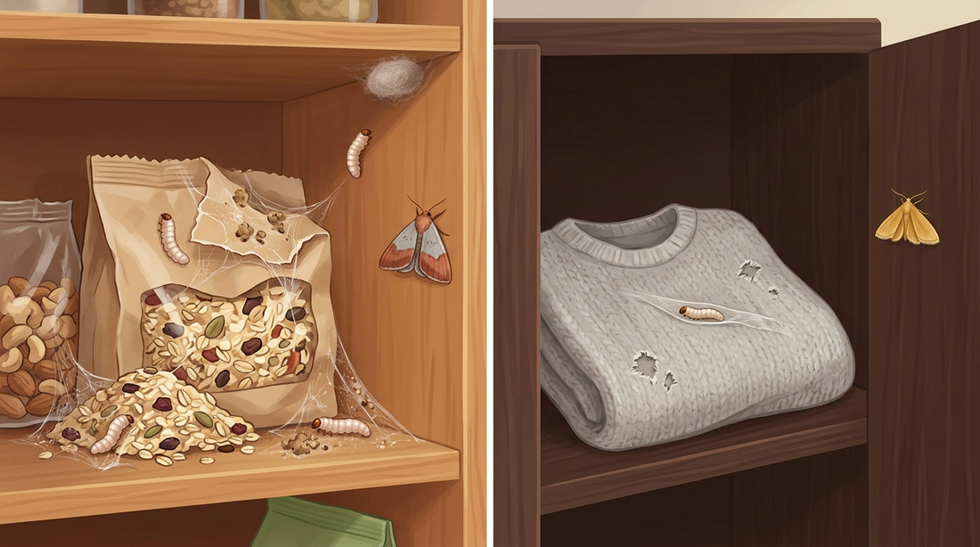 Zweigeteilte Illustration: links ein Vorratsschrank mit einem Müslibeutel voller Gespinste, Raupen im Müsli, eine Raupe kriecht zur Schrankecke mit einem Kokon, an der Wand sitzt eine Dörrobstmotte; rechts ein Kleiderschrank mit gelochtem Wollpullover, einer Larve auf dem Stoff und einer kleinen goldgelben Kleidermotte an der Tür