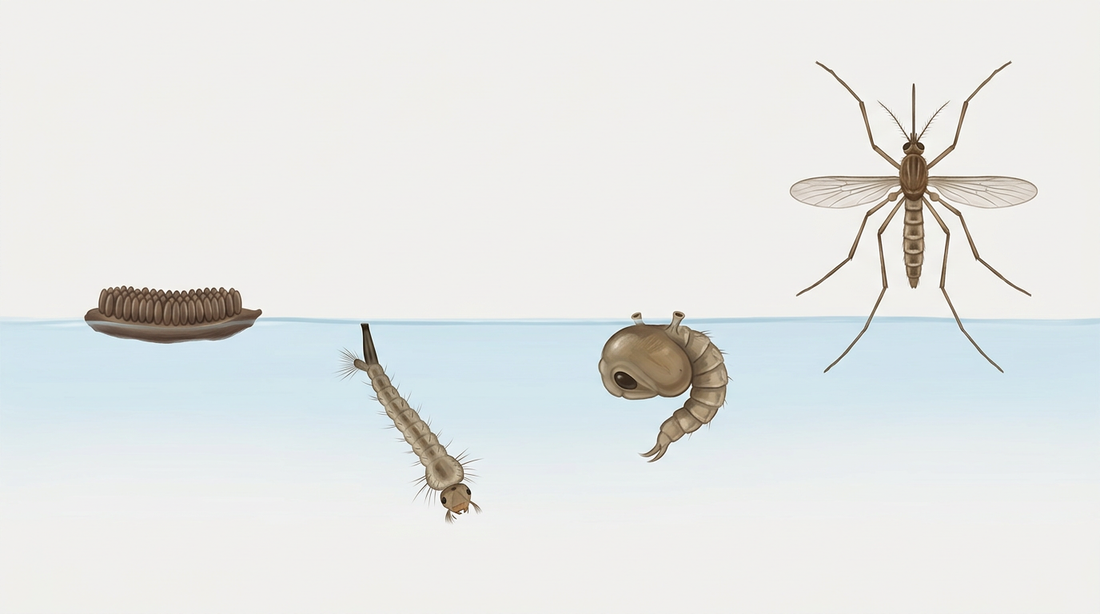 Entwicklung der Hausmücke: schwimmendes Eipaket, Larve und Puppe an der Wasseroberfläche und erwachsene Stechmücke