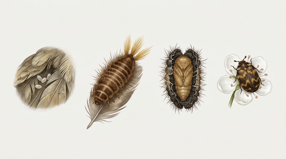 Entwicklung des Museumskäfers: Eier zwischen Federn eines Tierpräparats, dicht behaarte Larve mit Pfeilhaarbüscheln, Puppe in der Larvenhaut und gemusterter Käfer auf einer weißen Weißdornblüte