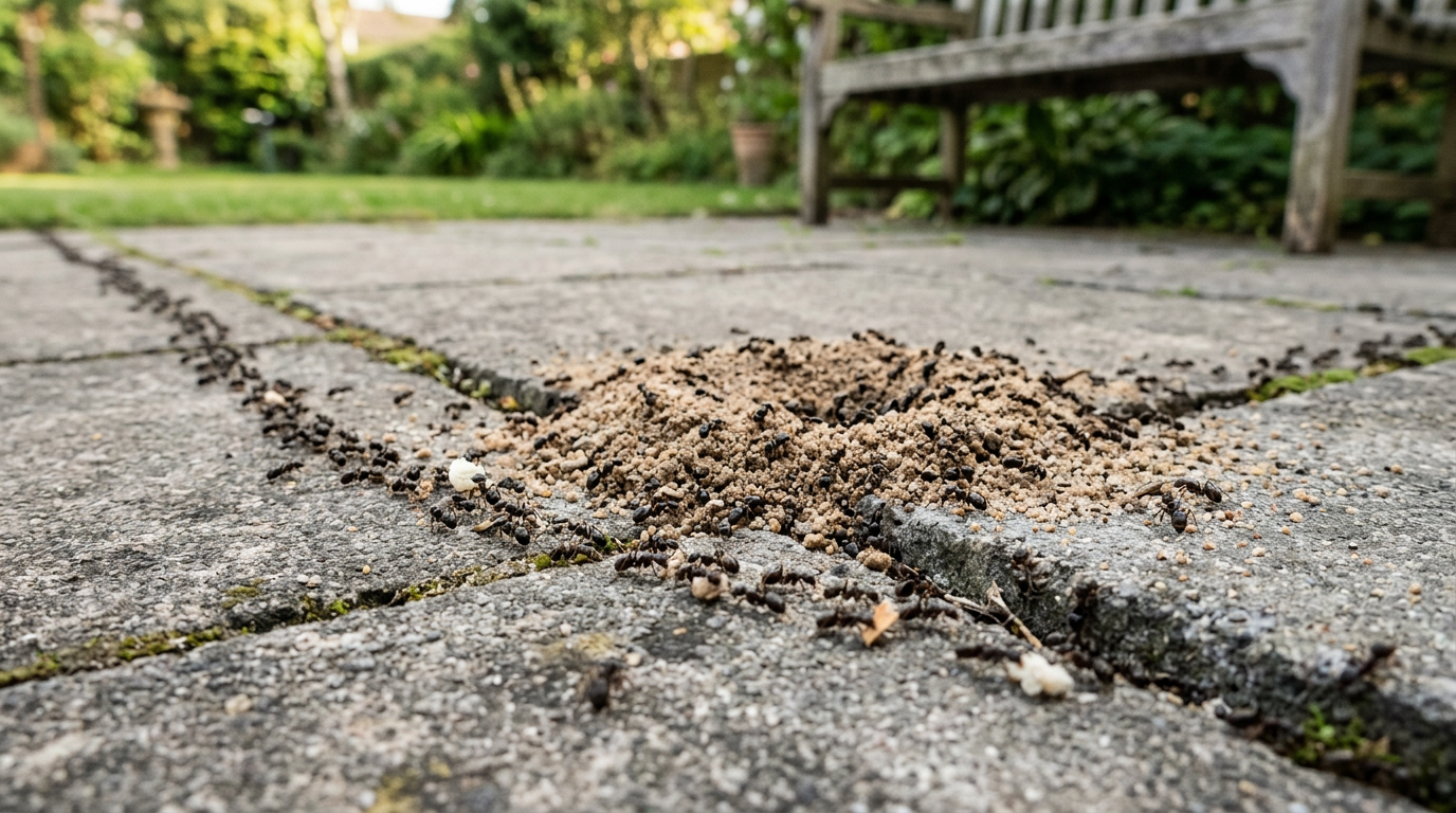 Ameisenstrasse mit Sandhaufen-Nest zwischen Pflastersteinen — Problem-Szene fuer Neudorff Loxiran