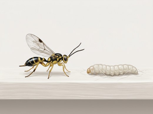 Mehlmottenschlupfwespe (Habrobracon hebetor): gelb-schwarze Brackwespe auf einer Mottenraupe im Gespinst