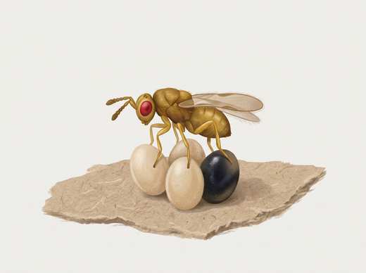 Schlupfwespe Trichogramma: winzige gelbliche Zwergwespe mit roten Augen auf Motteneiern