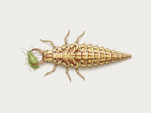 Florfliegenlarve (Chrysoperla carnea) hält eine grüne Blattlaus mit ihren Saugzangen, von oben