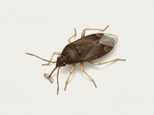 Lagerpirat (Xylocoris flavipes), eine kleine dunkelbraune Raubwanze, die eine Käferlarve aussaugt
