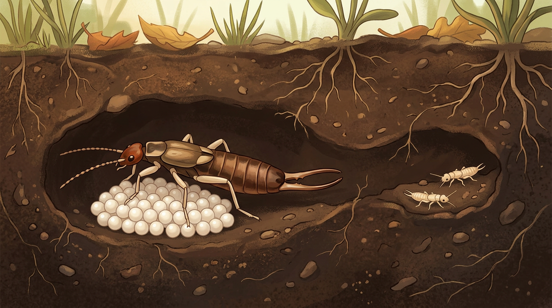 Querschnitt durch Gartenerde: Ein Ohrwurm-Weibchen bewacht in einer kleinen Erdhöhle ein Häufchen weißer Eier, daneben junge, helle Ohrwurm-Larven