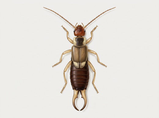 Gemeiner Ohrwurm (Forficula auricularia), Männchen von oben, braun mit kurzen Flügeldecken und stark gebogener Zange am Hinterleib
