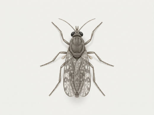 Gnitze (Culicoides) von oben mit gefleckten, übereinanderliegenden Flügeln