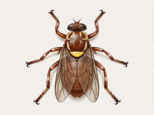 Pferdelausfliege (Hippobosca equina) von oben, flach und rotbraun mit gelben Flecken