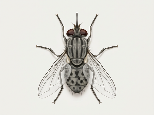 Wadenstecher (Stomoxys calcitrans) von oben mit nach vorn ragendem Stechrüssel