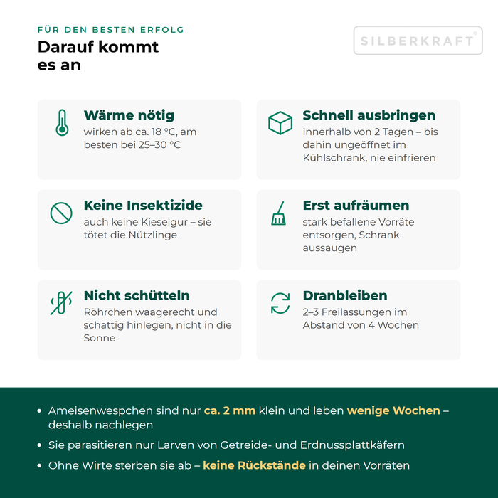 Tipps für Ameisenwespchen: wirken ab ca. 18 °C, innerhalb von 2 Tagen ausbringen, nicht schütteln, keine Insektizide oder Kieselgur