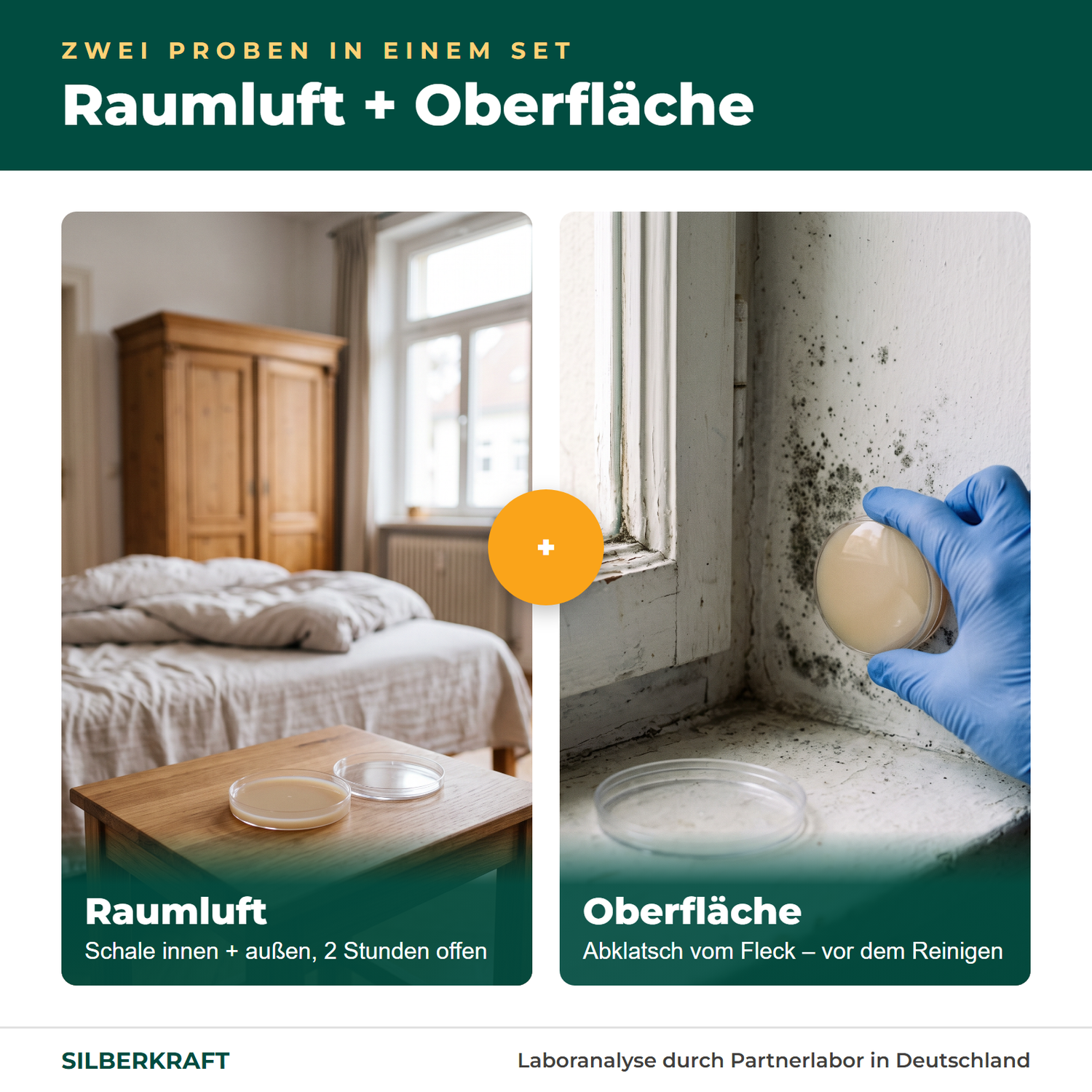 Zwei Proben in einem Set: Raumluft innen und außen plus Abklatsch vom Fleck