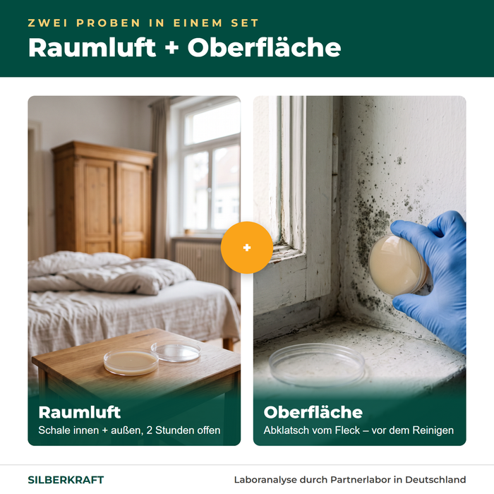 Zwei Proben in einem Set: Raumluft innen und außen plus Abklatsch vom Fleck