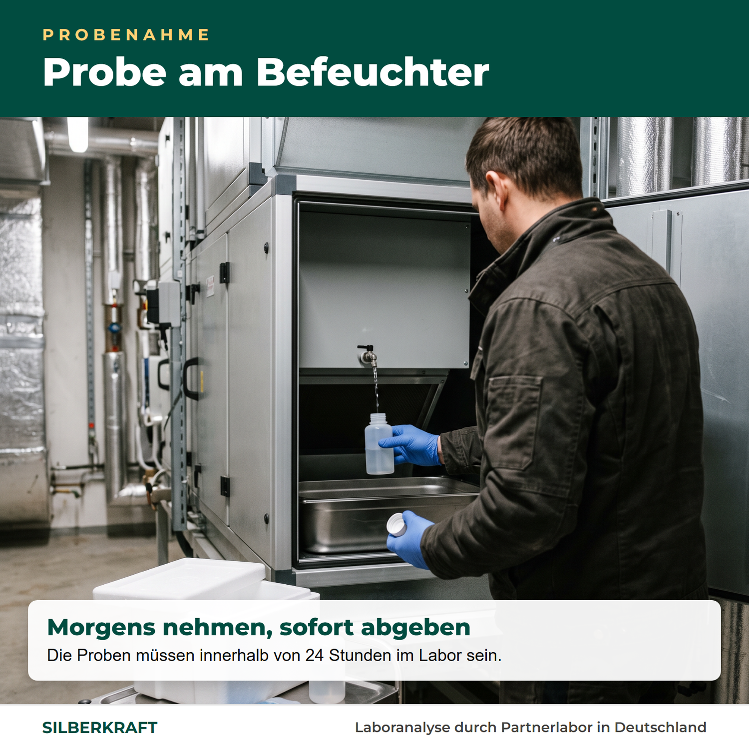 Probenahme am Befeuchter einer RLT-Anlage – Proben innerhalb von 24 Stunden ins Labor