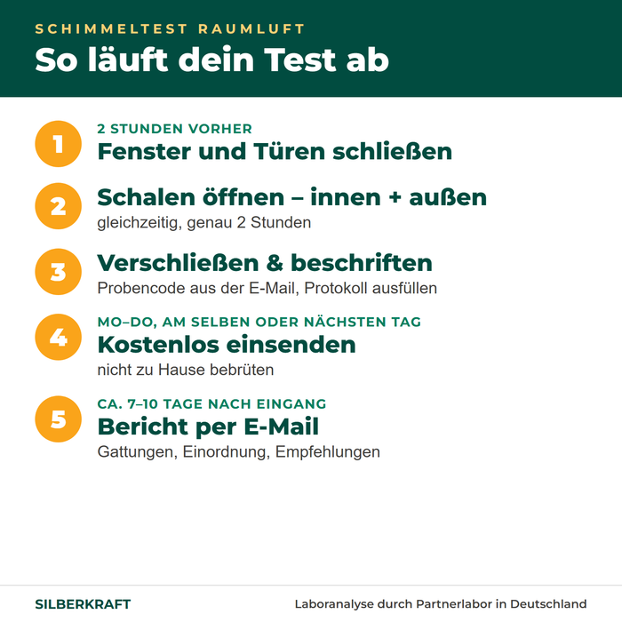 Ablauf Schimmeltest Raumluft: Fenster schließen, Schalen 2 Stunden öffnen, beschriften, einsenden, Bericht nach 7–10 Tagen