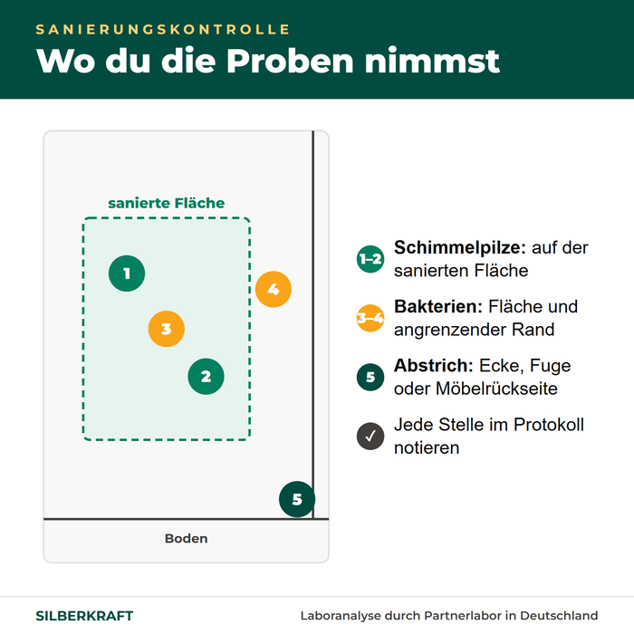 Wo die Proben genommen werden: sanierte Fläche, angrenzender Rand und schwer zugängliche Stellen