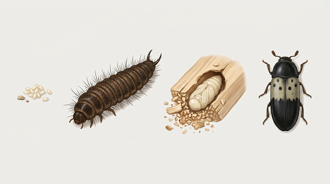 Entwicklung des Gemeinen Speckkäfers: weiße Eier, dunkel beborstete Larve, helle Puppe und Käfer mit heller Querbinde auf den Flügeldecken