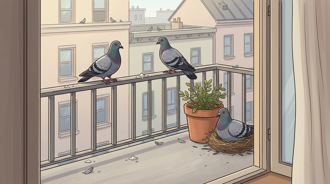 Zwei Stadttauben auf einem Balkongeländer, eine dritte brütet in einem Nest hinter einem Blumentopf, auf dem Boden Kot und Federn