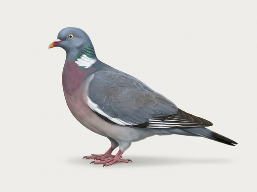 Ringeltaube (Columba palumbus) von der Seite mit weißem Halsfleck, weißem Flügelband und rosa Brust